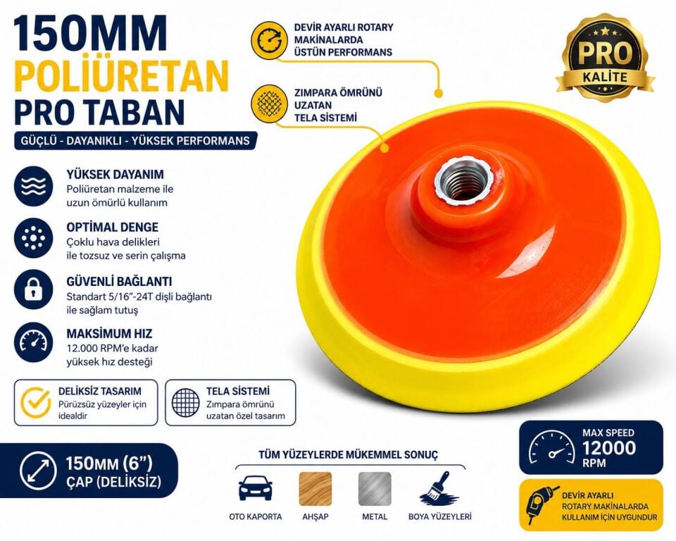 Zımpara Tabanı Pro Type Poliüretan 150mm M14 | Profesyonel Polisaj ve Zımpara Tabanı